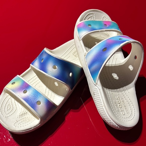 CROCS Blue and White Sandals with Holographic Straps - Picture 1 of 1
